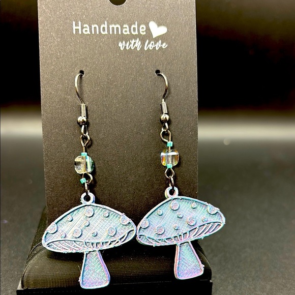 Jewelry - Handmade Mushroom Earrings - Iridescent Blue